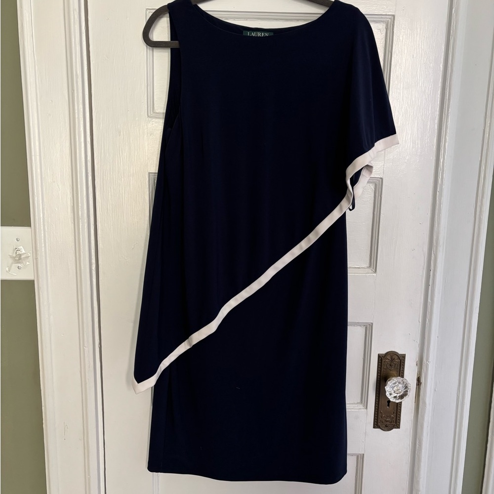 Lauren Ralph Lauren Navy One-Shoulder Dress with Iwhite Trim Accent